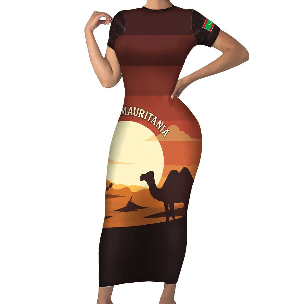 Mauritania Short Sleeve Bodycon Dress with Desert Sunset Camel Silhouette and Flag Accents