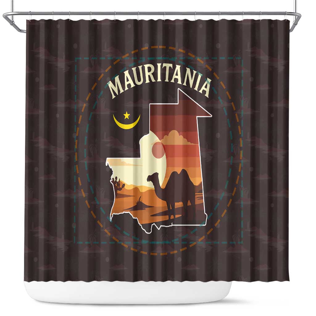 Mauritania Shower Curtain with Desert Sunset Camel Silhouette and Flag Accents