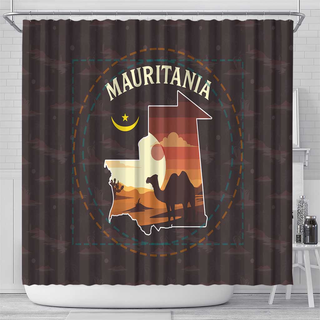 Mauritania Shower Curtain with Desert Sunset Camel Silhouette and Flag Accents