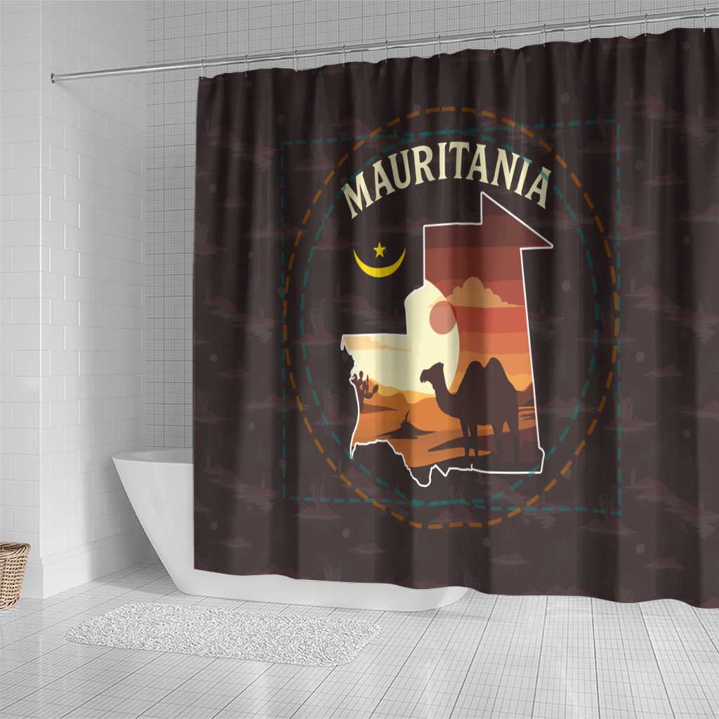 Mauritania Shower Curtain with Desert Sunset Camel Silhouette and Flag Accents