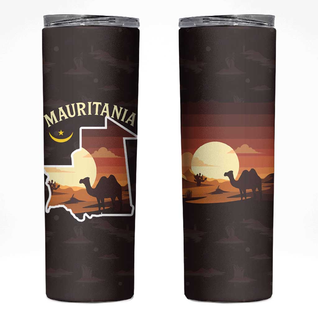 Mauritania Skinny Tumbler with Desert Sunset Camel Silhouette and Flag Accents