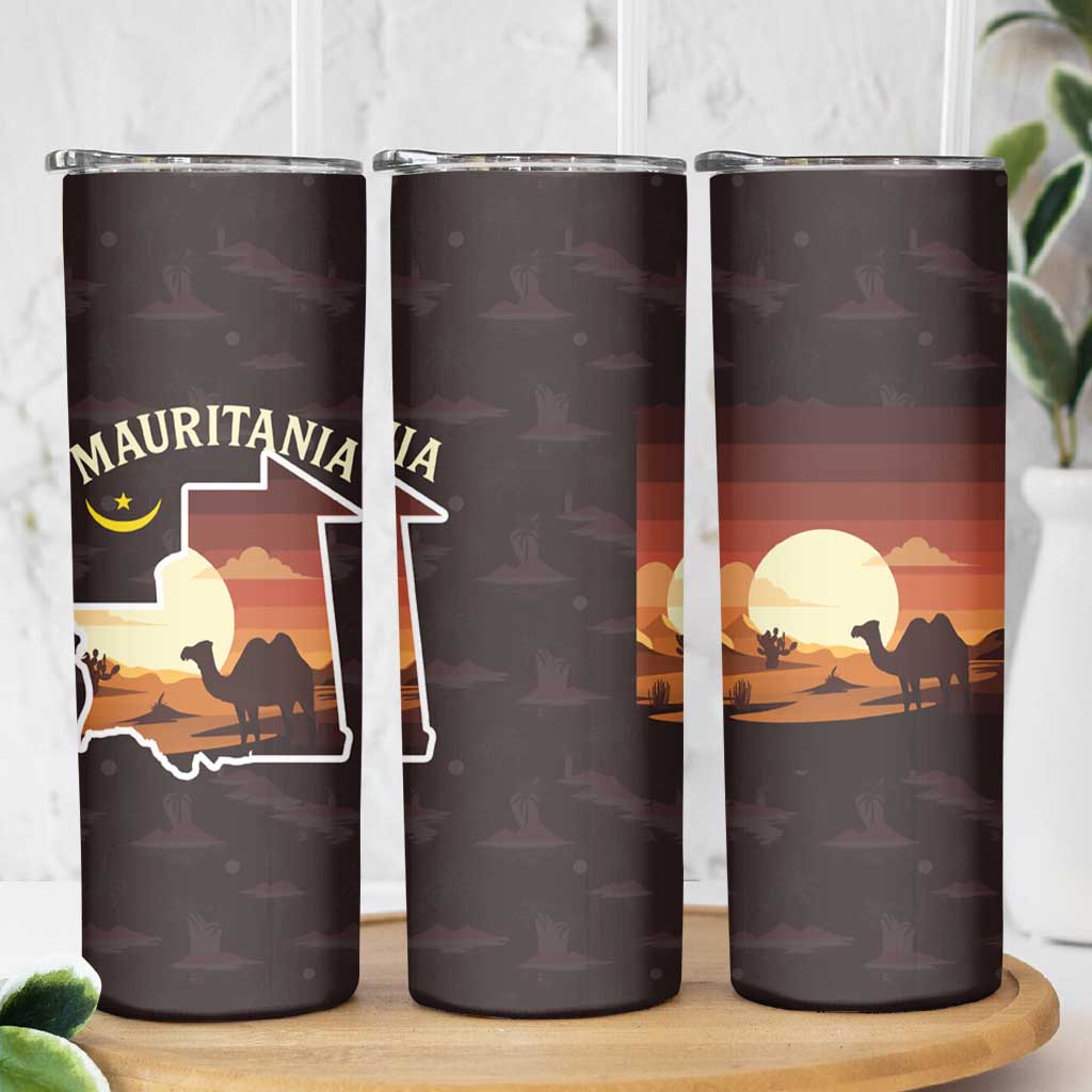 Mauritania Skinny Tumbler with Desert Sunset Camel Silhouette and Flag Accents