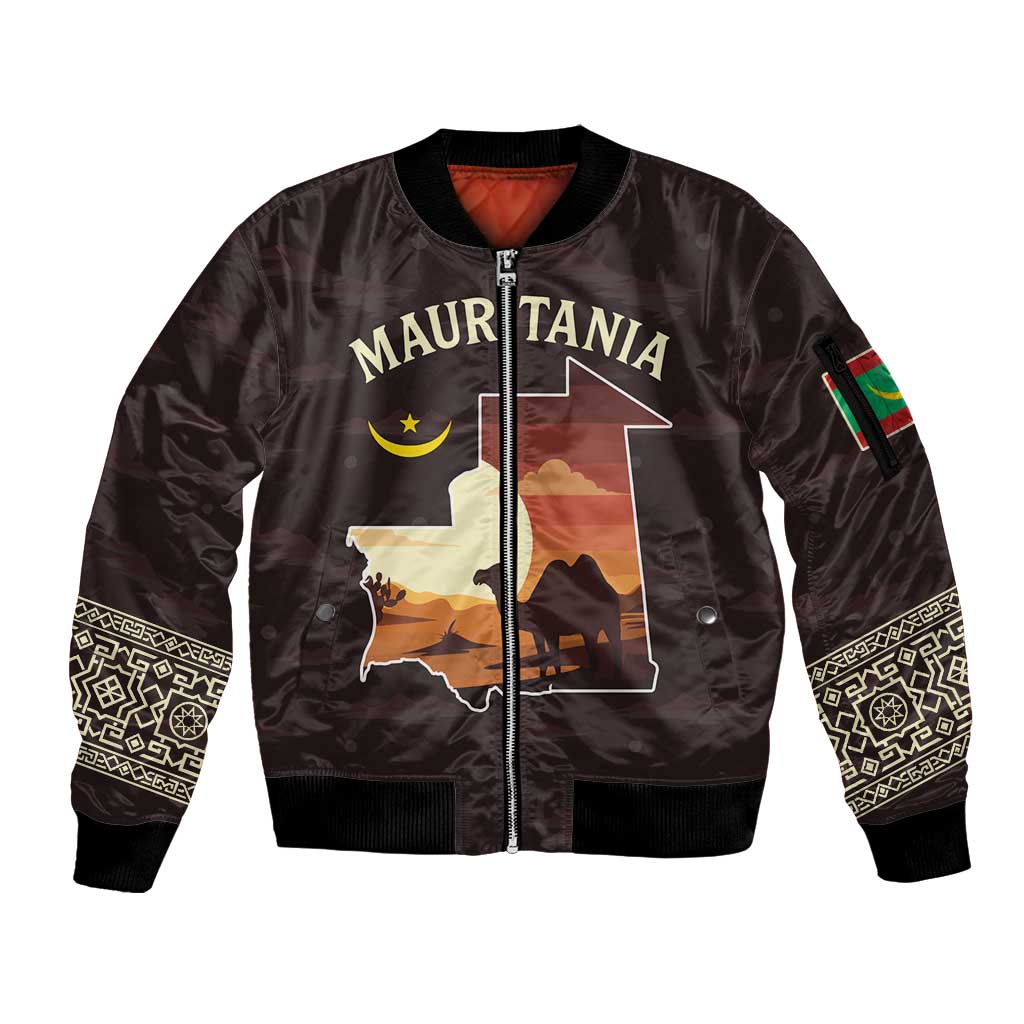 Mauritania Sleeve Zip Bomber Jacket with Desert Sunset Camel Silhouette and Flag Accents