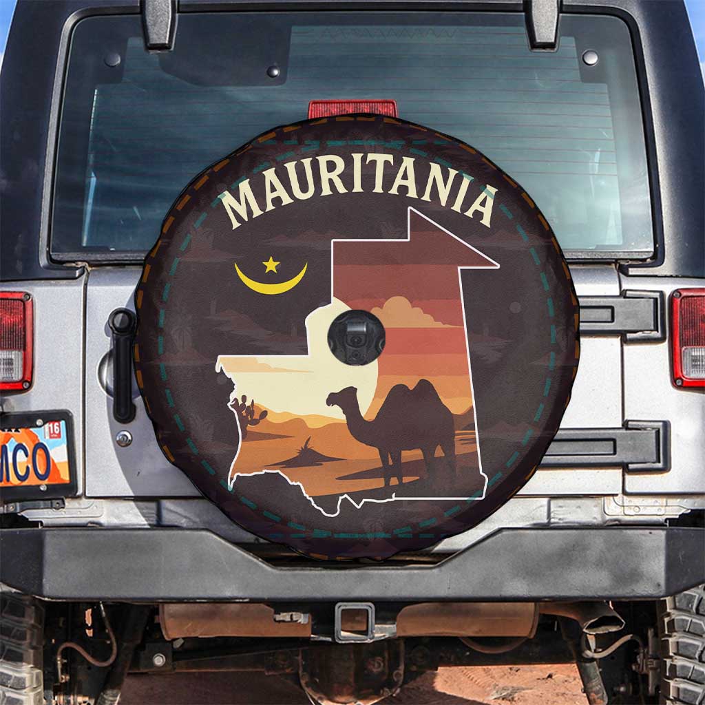 Mauritania Spare Tire Cover with Desert Sunset Camel Silhouette and Flag Accents