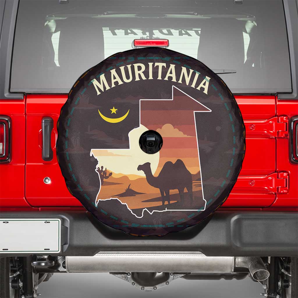 Mauritania Spare Tire Cover with Desert Sunset Camel Silhouette and Flag Accents