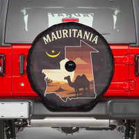 Mauritania Spare Tire Cover with Desert Sunset Camel Silhouette and Flag Accents