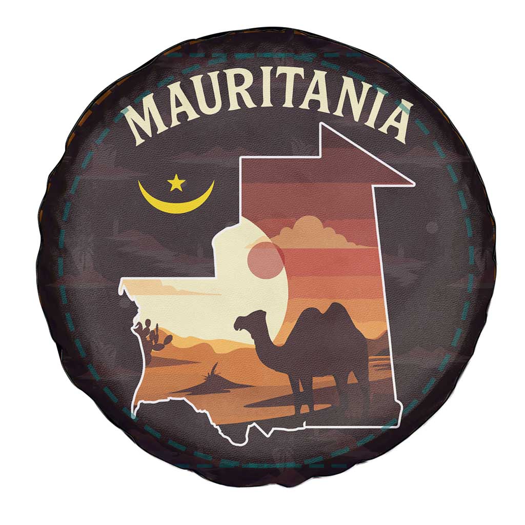 Mauritania Spare Tire Cover with Desert Sunset Camel Silhouette and Flag Accents
