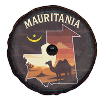 Mauritania Spare Tire Cover with Desert Sunset Camel Silhouette and Flag Accents