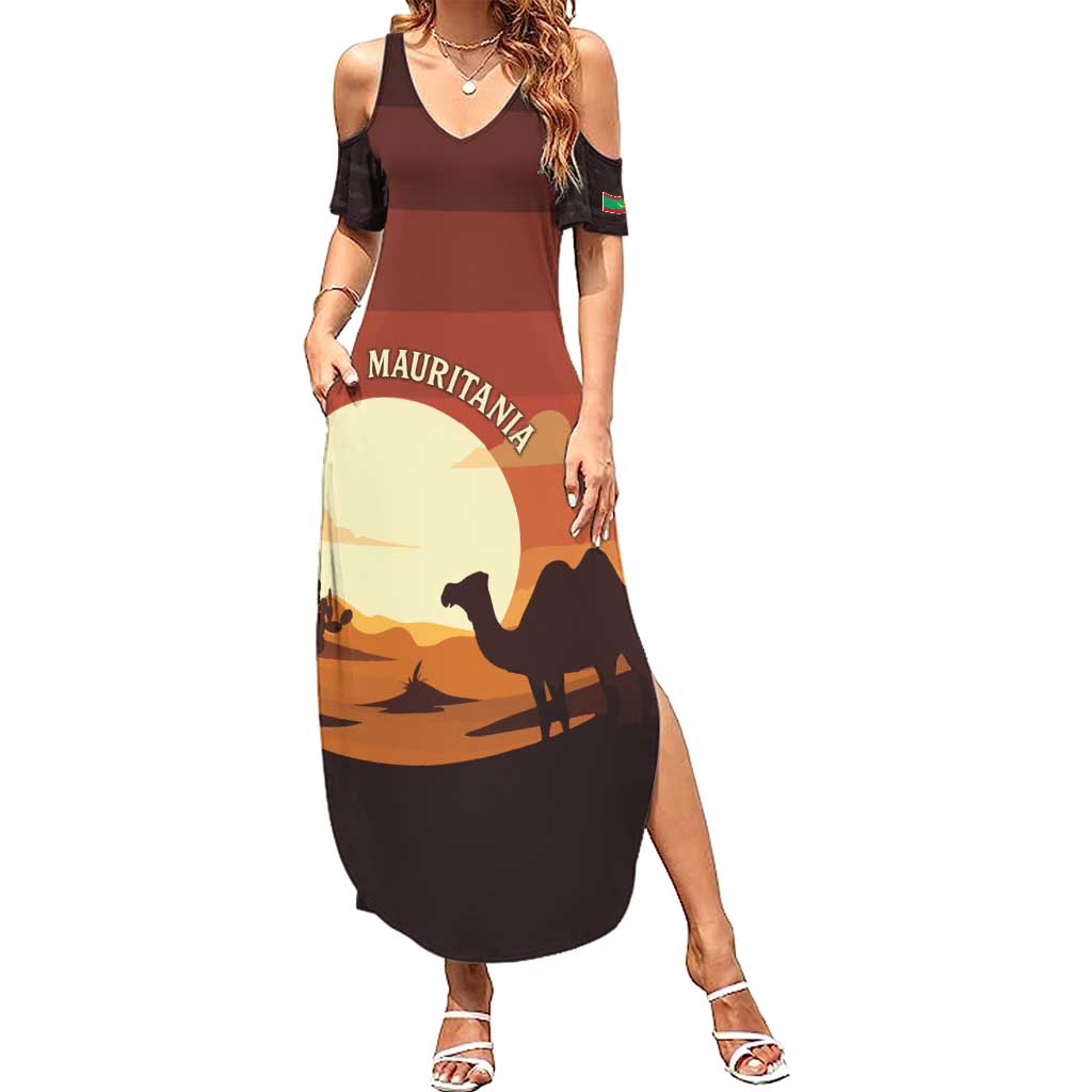 Mauritania Summer Maxi Dress with Desert Sunset Camel Silhouette and Flag Accents