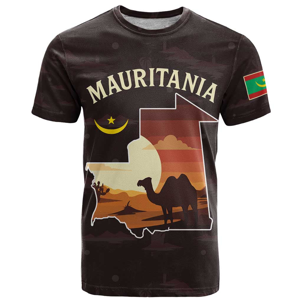 Mauritania T Shirt with Desert Sunset Camel Silhouette and Flag Accents