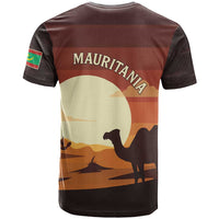Mauritania T Shirt with Desert Sunset Camel Silhouette and Flag Accents