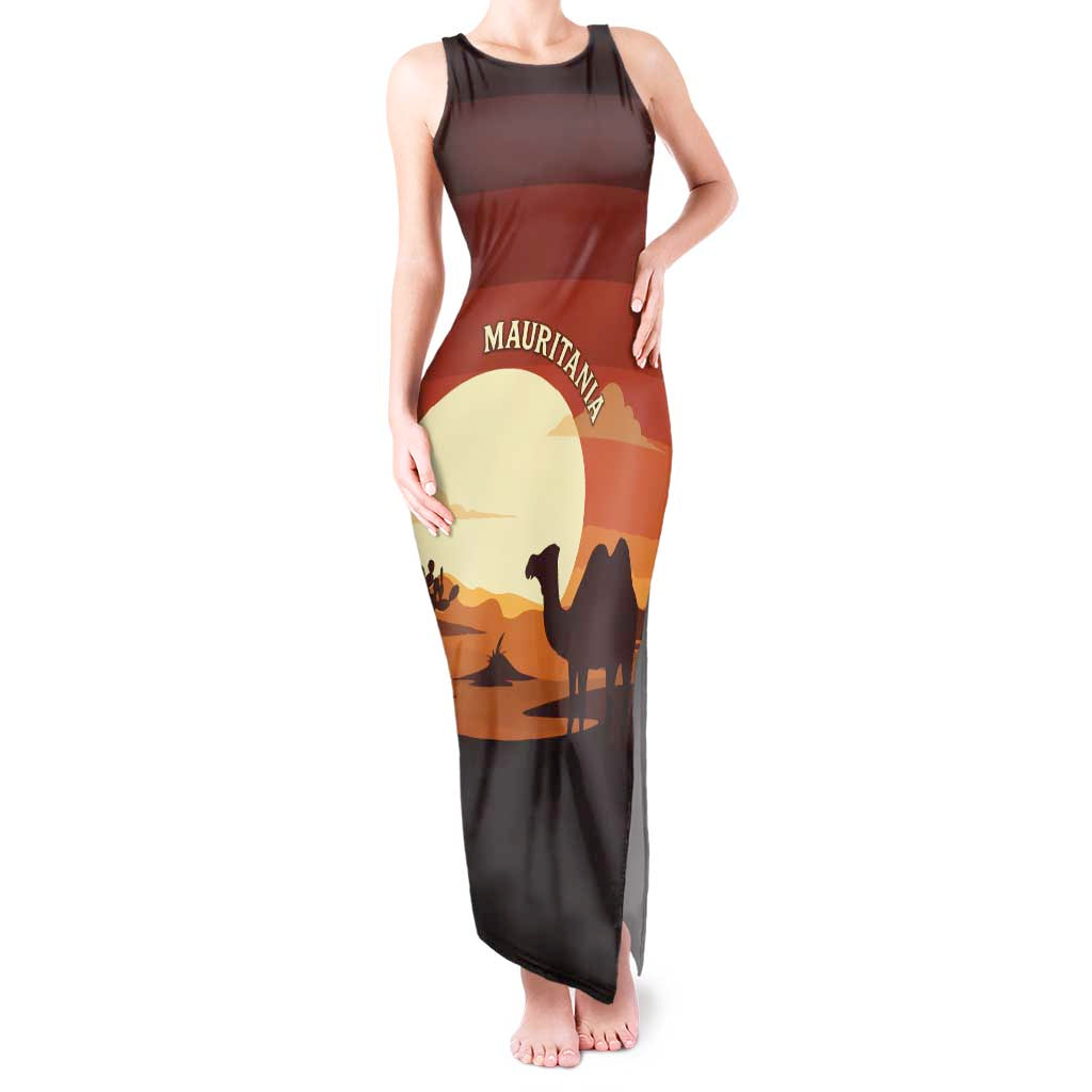Mauritania Tank Maxi Dress with Desert Sunset Camel Silhouette and Flag Accents