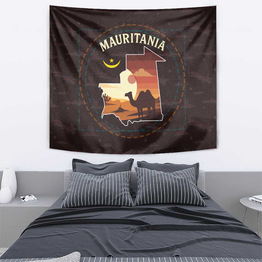 Mauritania Tapestry with Desert Sunset Camel Silhouette and Flag Accents