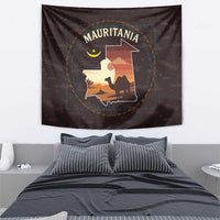 Mauritania Tapestry with Desert Sunset Camel Silhouette and Flag Accents