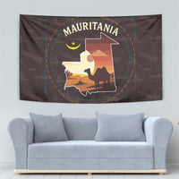 Mauritania Tapestry with Desert Sunset Camel Silhouette and Flag Accents