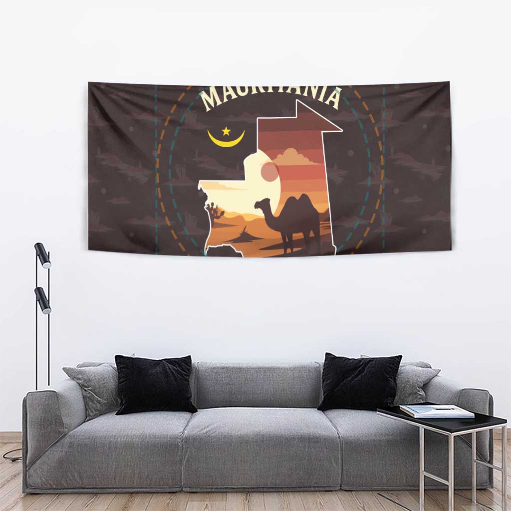 Mauritania Tapestry with Desert Sunset Camel Silhouette and Flag Accents