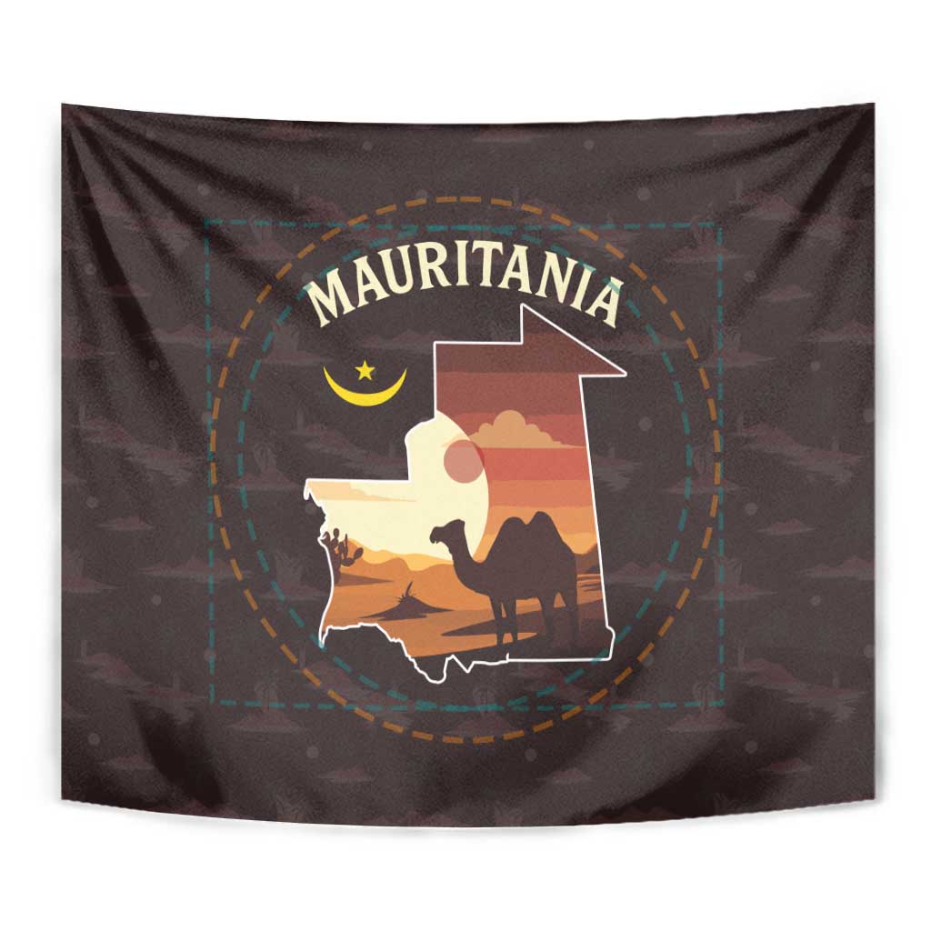 Mauritania Tapestry with Desert Sunset Camel Silhouette and Flag Accents