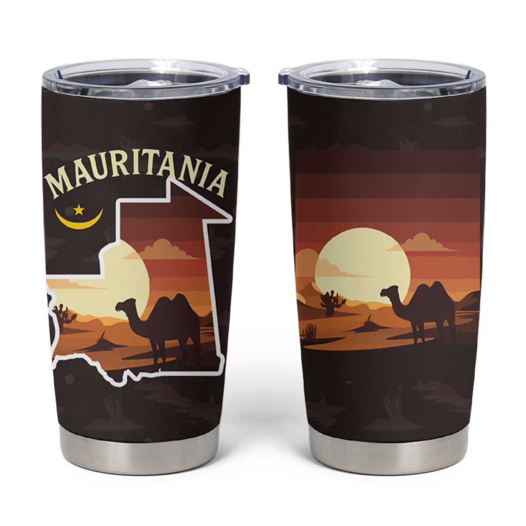 Mauritania Tumbler Cup with Desert Sunset Camel Silhouette and Flag Accents