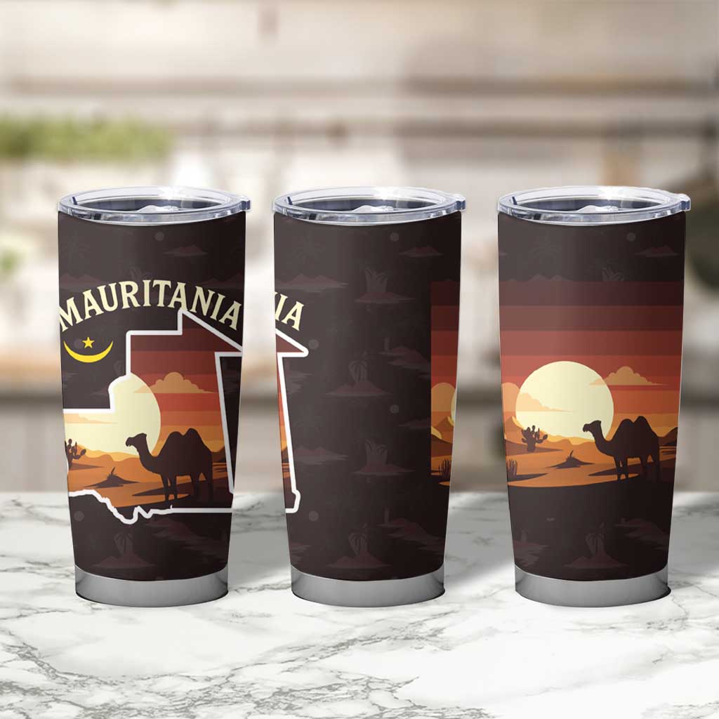 Mauritania Tumbler Cup with Desert Sunset Camel Silhouette and Flag Accents