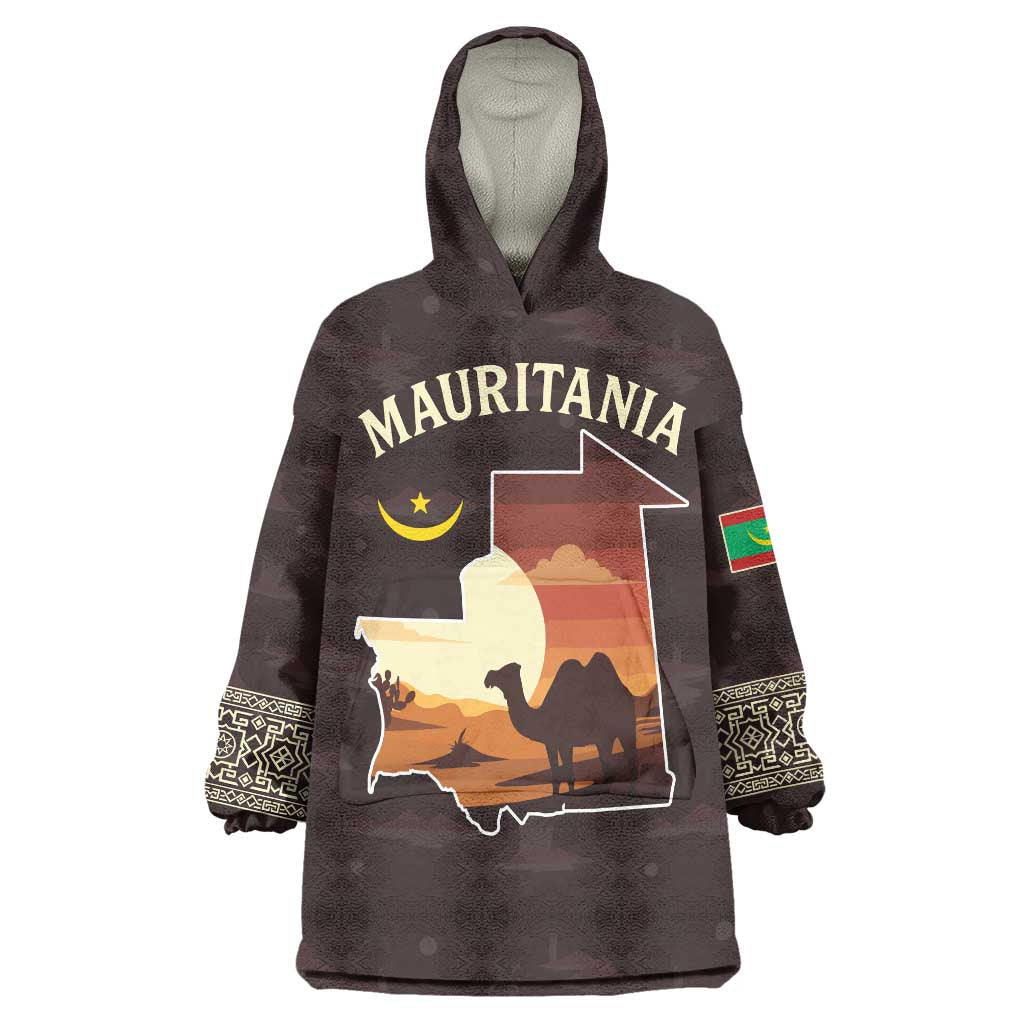 Mauritania Wearable Blanket Hoodie with Desert Sunset Camel Silhouette and Flag Accents