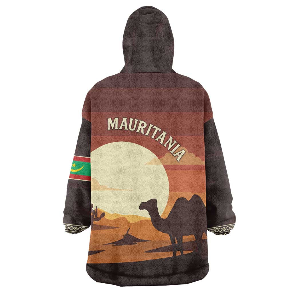 Mauritania Wearable Blanket Hoodie with Desert Sunset Camel Silhouette and Flag Accents