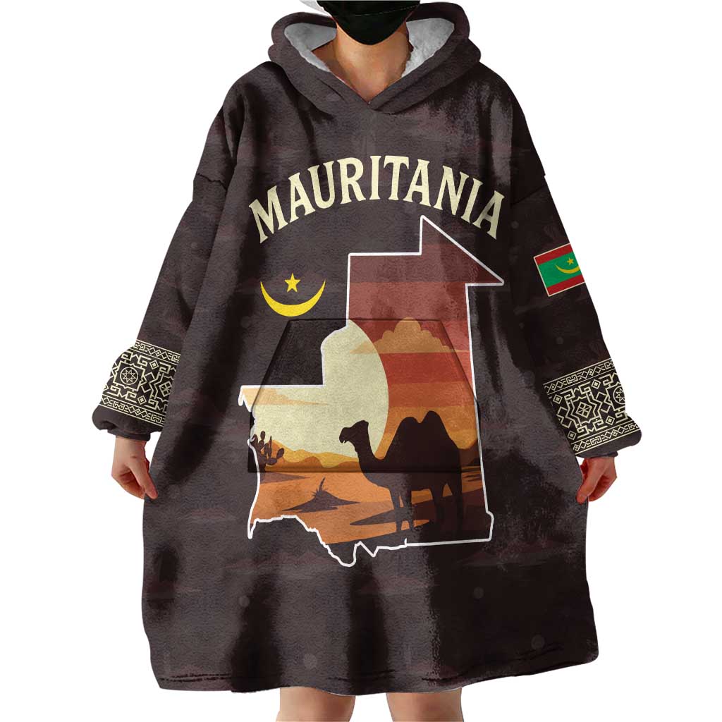 Mauritania Wearable Blanket Hoodie with Desert Sunset Camel Silhouette and Flag Accents