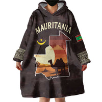 Mauritania Wearable Blanket Hoodie with Desert Sunset Camel Silhouette and Flag Accents