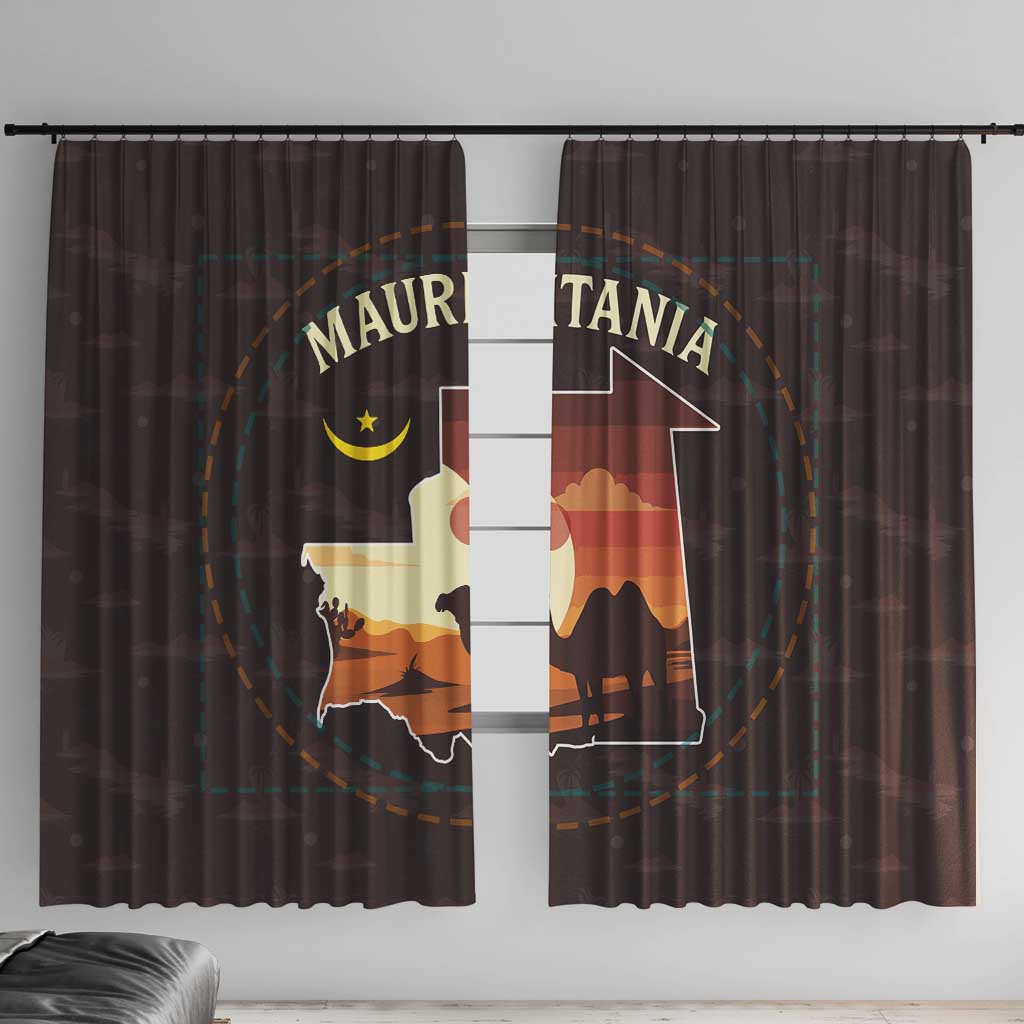Mauritania Window Curtain with Desert Sunset Camel Silhouette and Flag Accents