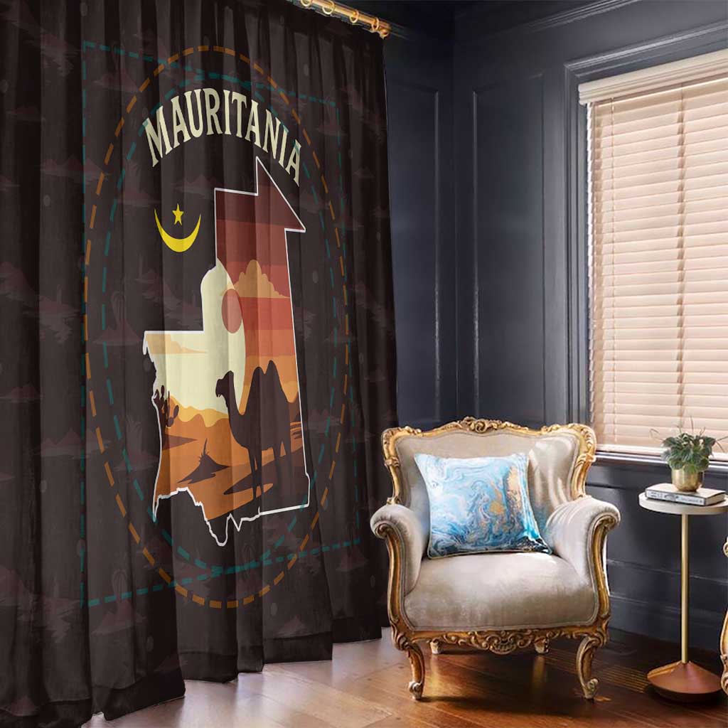 Mauritania Window Curtain with Desert Sunset Camel Silhouette and Flag Accents