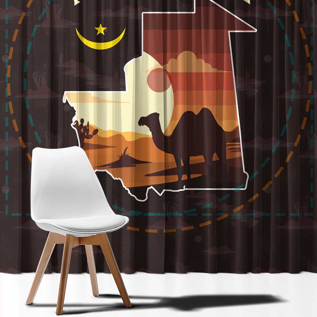 Mauritania Window Curtain with Desert Sunset Camel Silhouette and Flag Accents