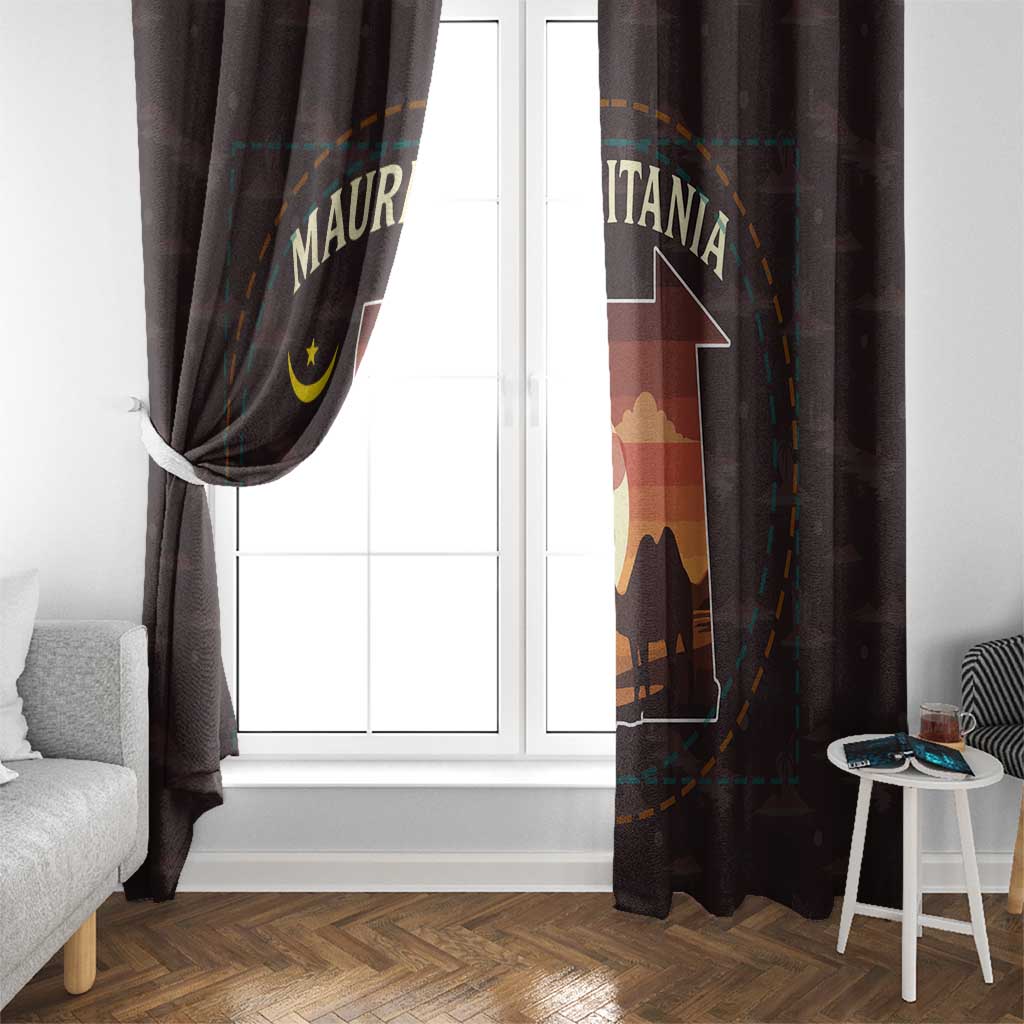Mauritania Window Curtain with Desert Sunset Camel Silhouette and Flag Accents