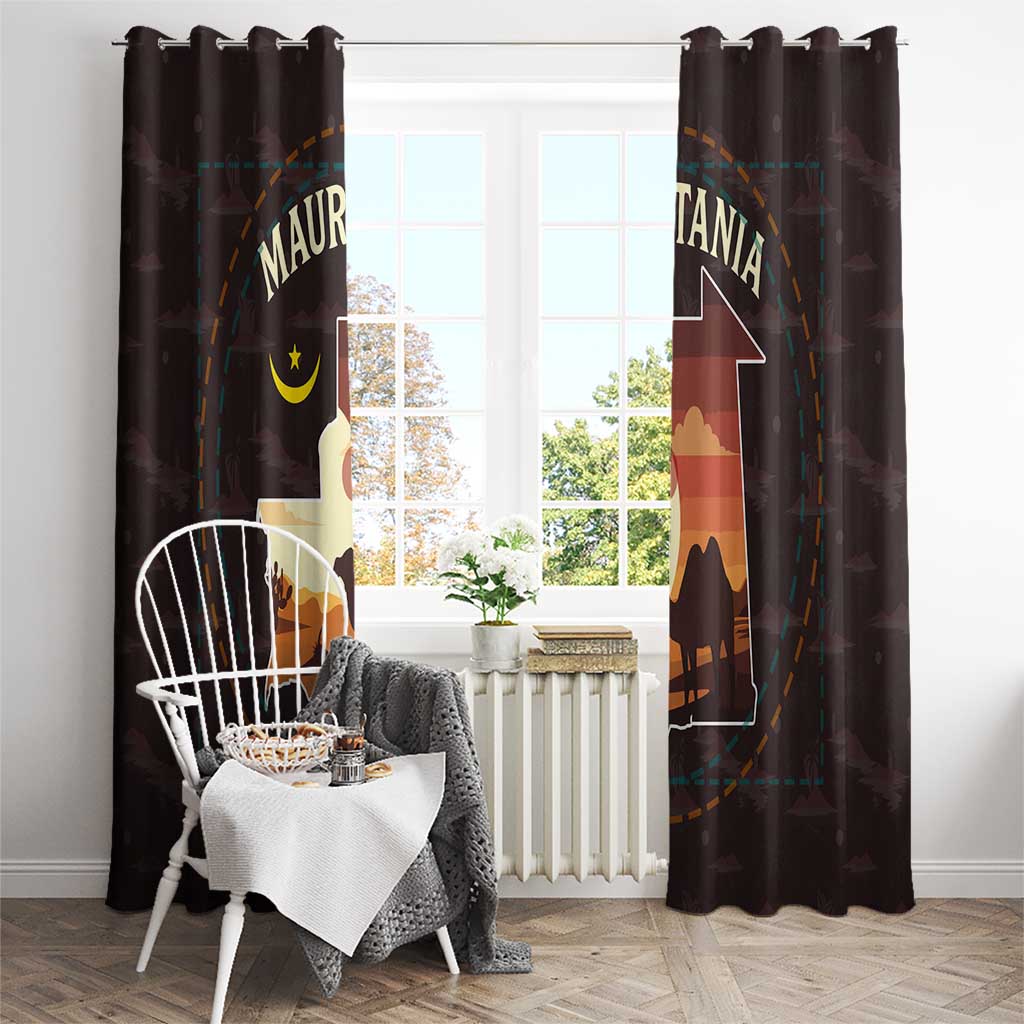 Mauritania Window Curtain with Desert Sunset Camel Silhouette and Flag Accents