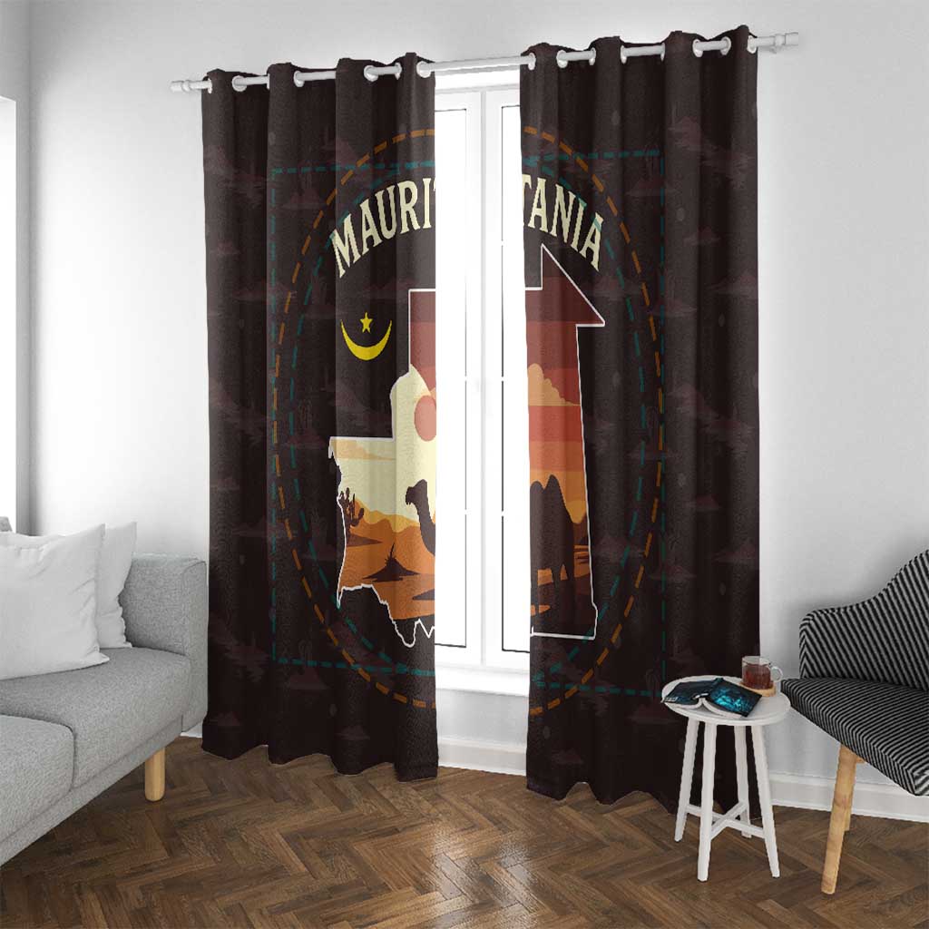 Mauritania Window Curtain with Desert Sunset Camel Silhouette and Flag Accents