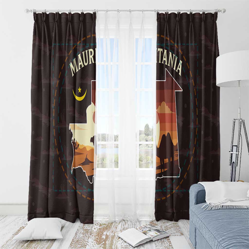 Mauritania Window Curtain with Desert Sunset Camel Silhouette and Flag Accents