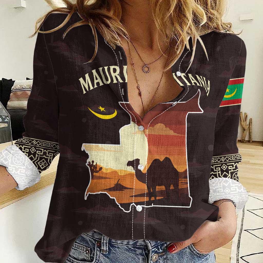 Mauritania Women Casual Shirt with Desert Sunset Camel Silhouette and Flag Accents