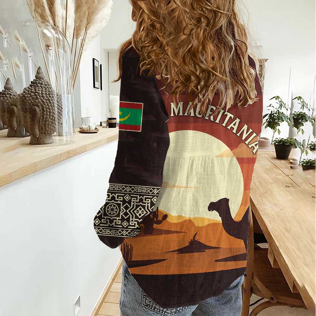 Mauritania Women Casual Shirt with Desert Sunset Camel Silhouette and Flag Accents