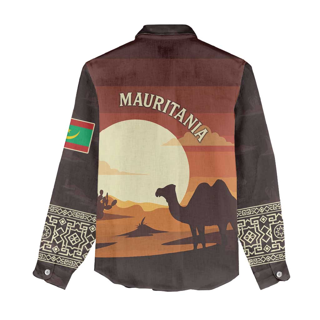 Mauritania Women Casual Shirt with Desert Sunset Camel Silhouette and Flag Accents