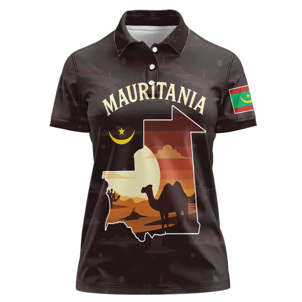 Mauritania Women Polo Shirt with Desert Sunset Camel Silhouette and Flag Accents