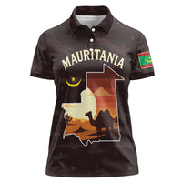 Mauritania Women Polo Shirt with Desert Sunset Camel Silhouette and Flag Accents
