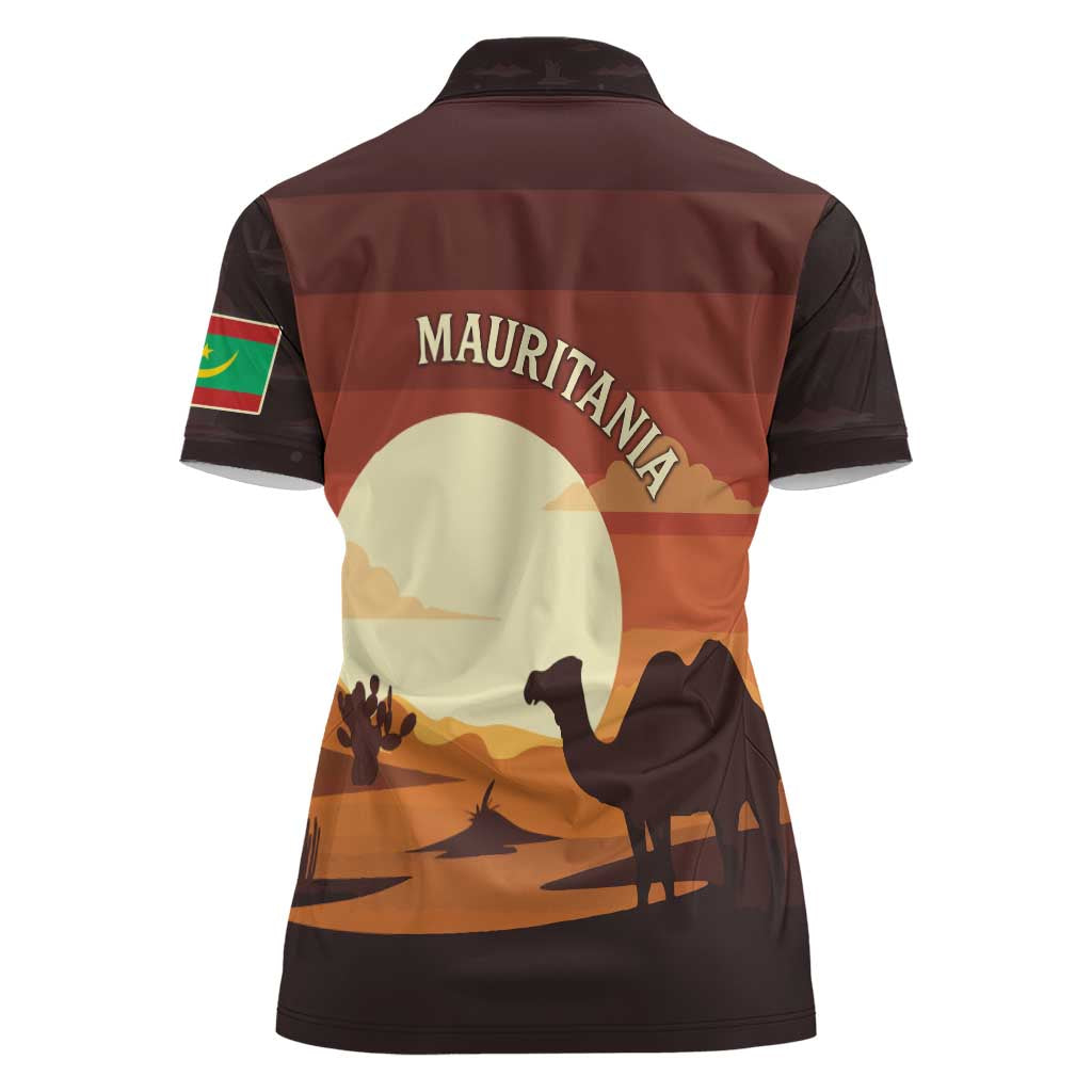 Mauritania Women Polo Shirt with Desert Sunset Camel Silhouette and Flag Accents