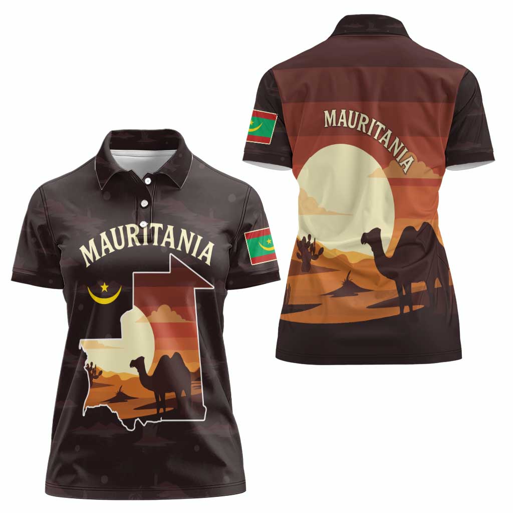 Mauritania Women Polo Shirt with Desert Sunset Camel Silhouette and Flag Accents