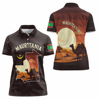 Mauritania Women Polo Shirt with Desert Sunset Camel Silhouette and Flag Accents