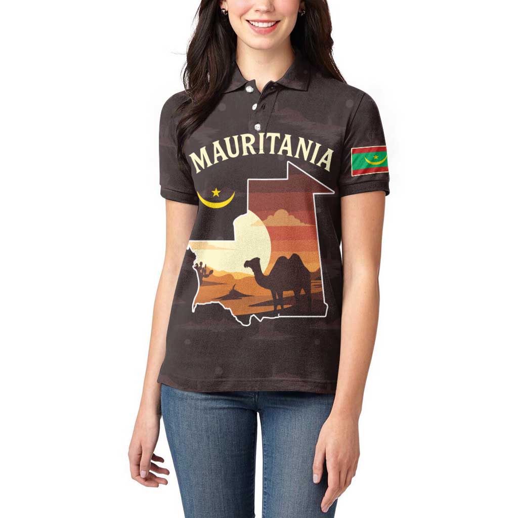 Mauritania Women Polo Shirt with Desert Sunset Camel Silhouette and Flag Accents