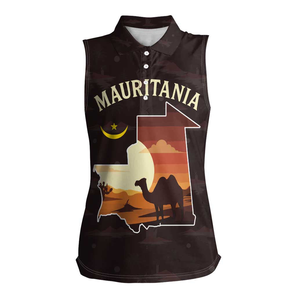 Mauritania Women Sleeveless Polo Shirt with Desert Sunset Camel Silhouette and Flag Accents