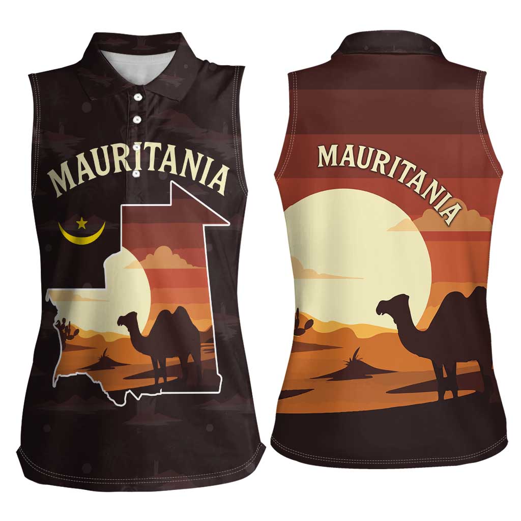 Mauritania Women Sleeveless Polo Shirt with Desert Sunset Camel Silhouette and Flag Accents