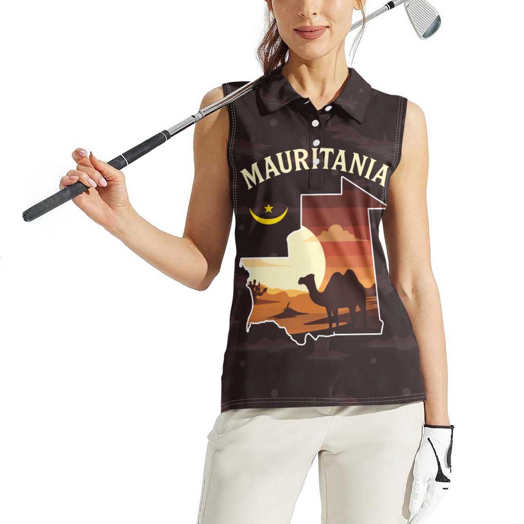 Mauritania Women Sleeveless Polo Shirt with Desert Sunset Camel Silhouette and Flag Accents