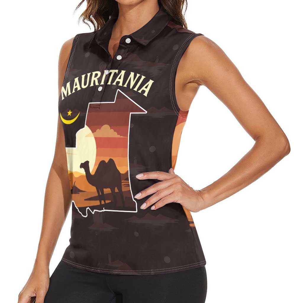 Mauritania Women Sleeveless Polo Shirt with Desert Sunset Camel Silhouette and Flag Accents
