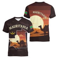Mauritania Women V-Neck T-Shirt with Desert Sunset Camel Silhouette and Flag Accents