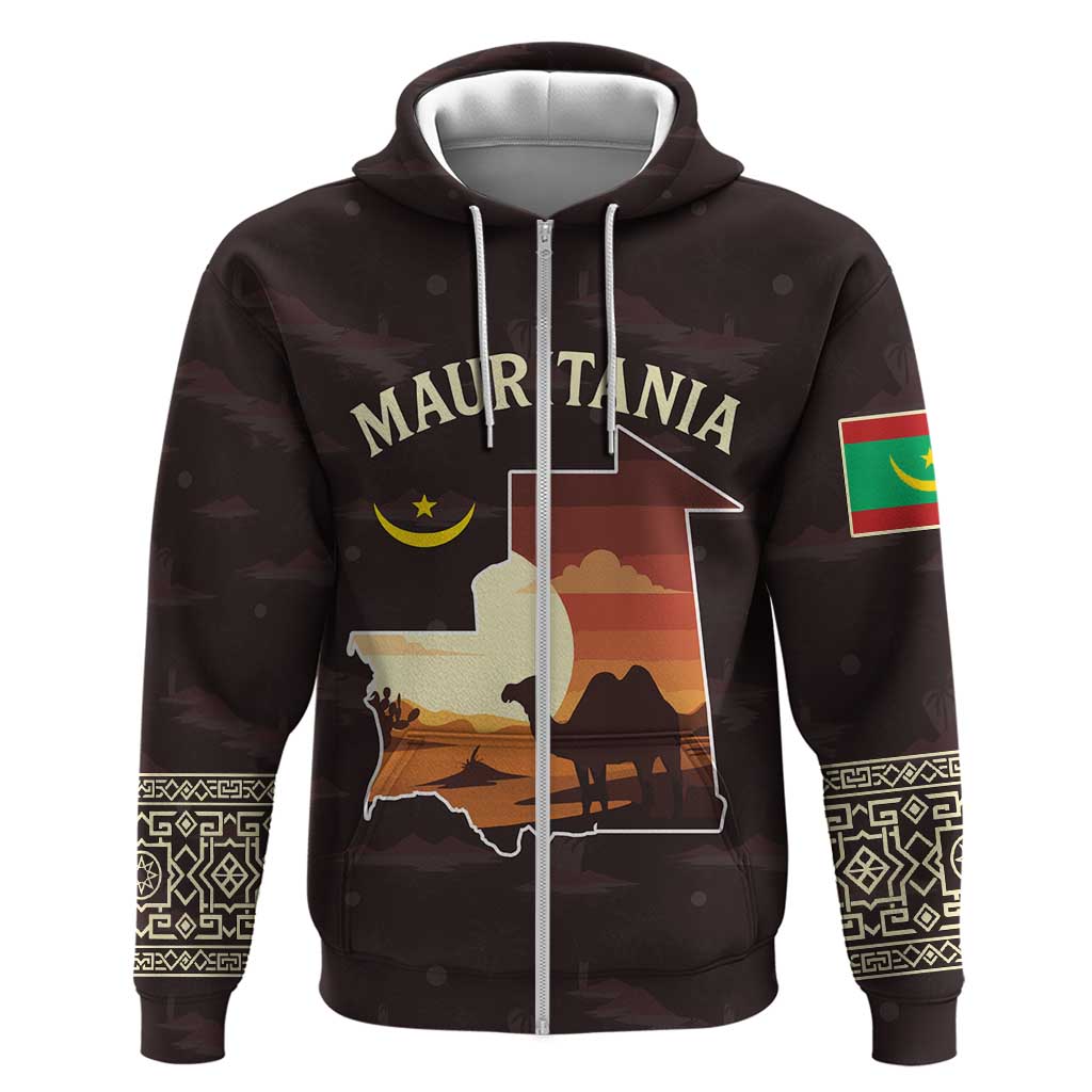Mauritania Zip Hoodie with Desert Sunset Camel Silhouette and Flag Accents