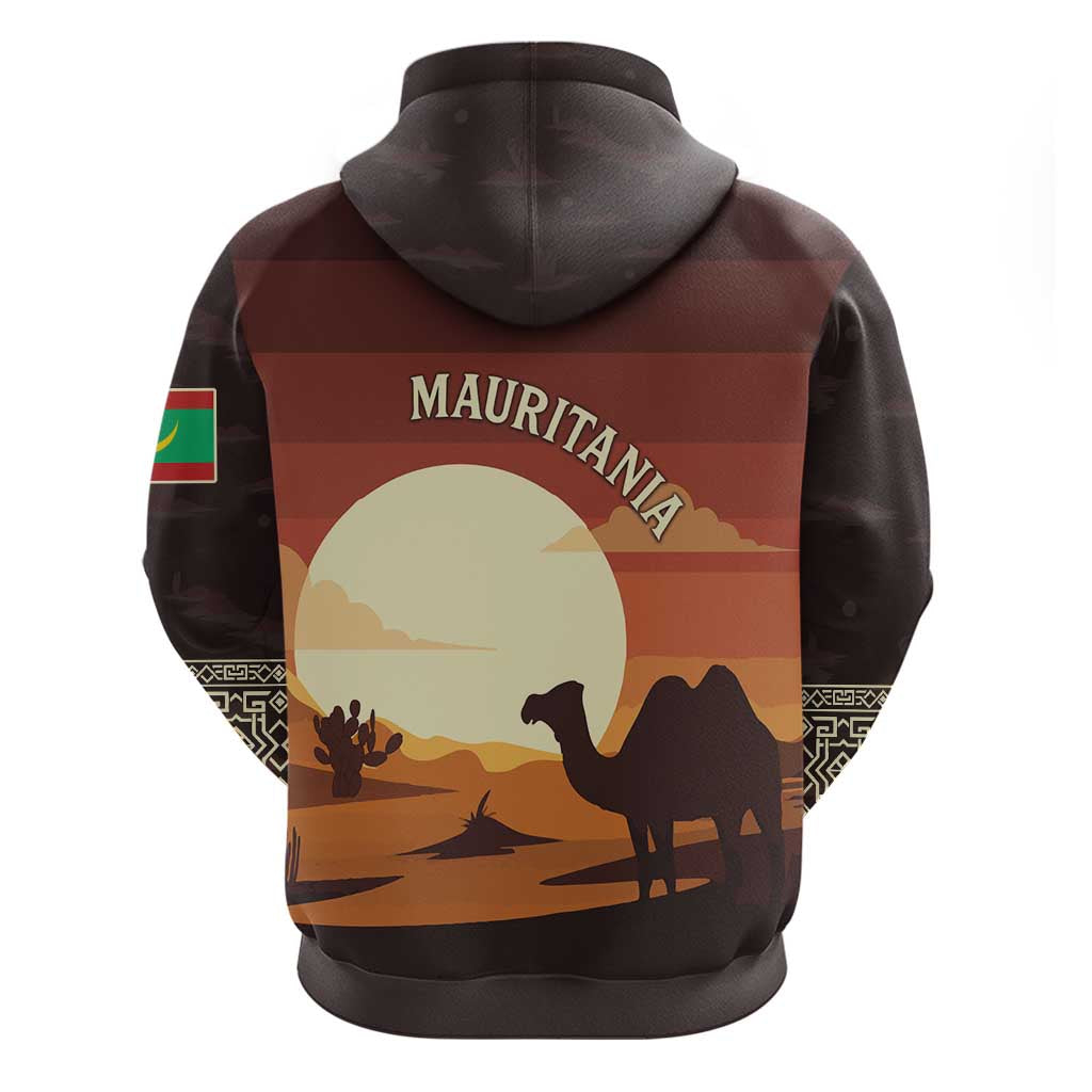 Mauritania Zip Hoodie with Desert Sunset Camel Silhouette and Flag Accents